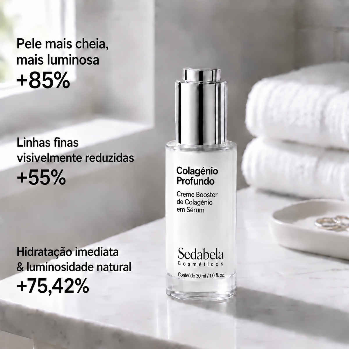 Resultados visíveis: pele mais cheia, linhas finas reduzidas, hidratação imediata